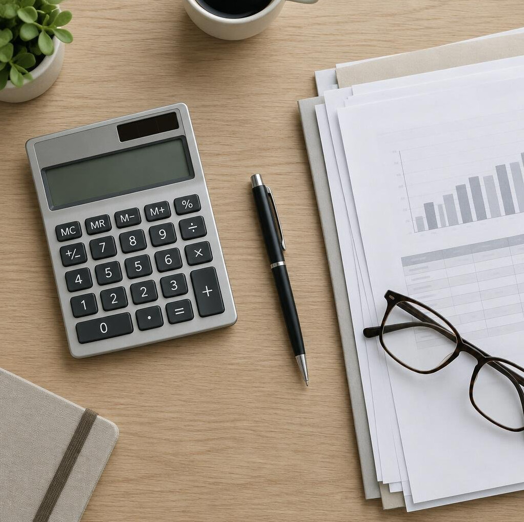 Desk with a calculator, documents and a pen