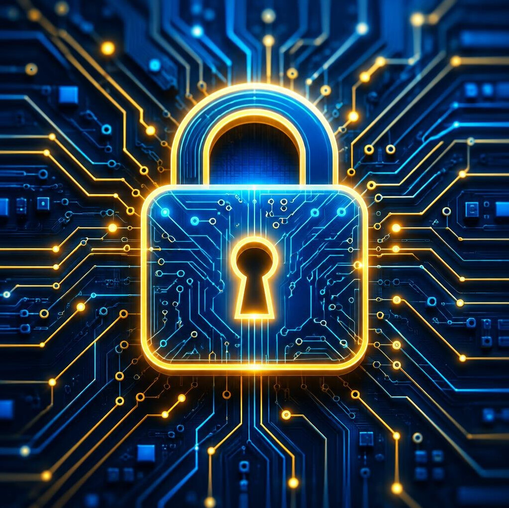 Digital padlock icon over a circuit board background