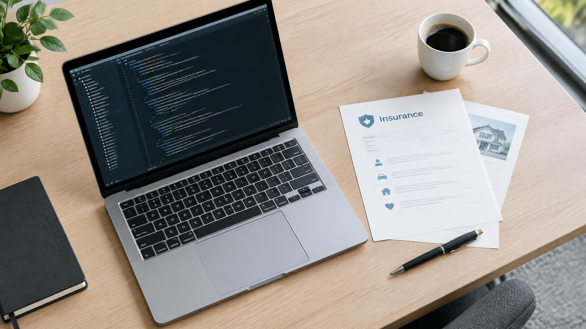 Laptop screen showing programming code next to documents on a desk