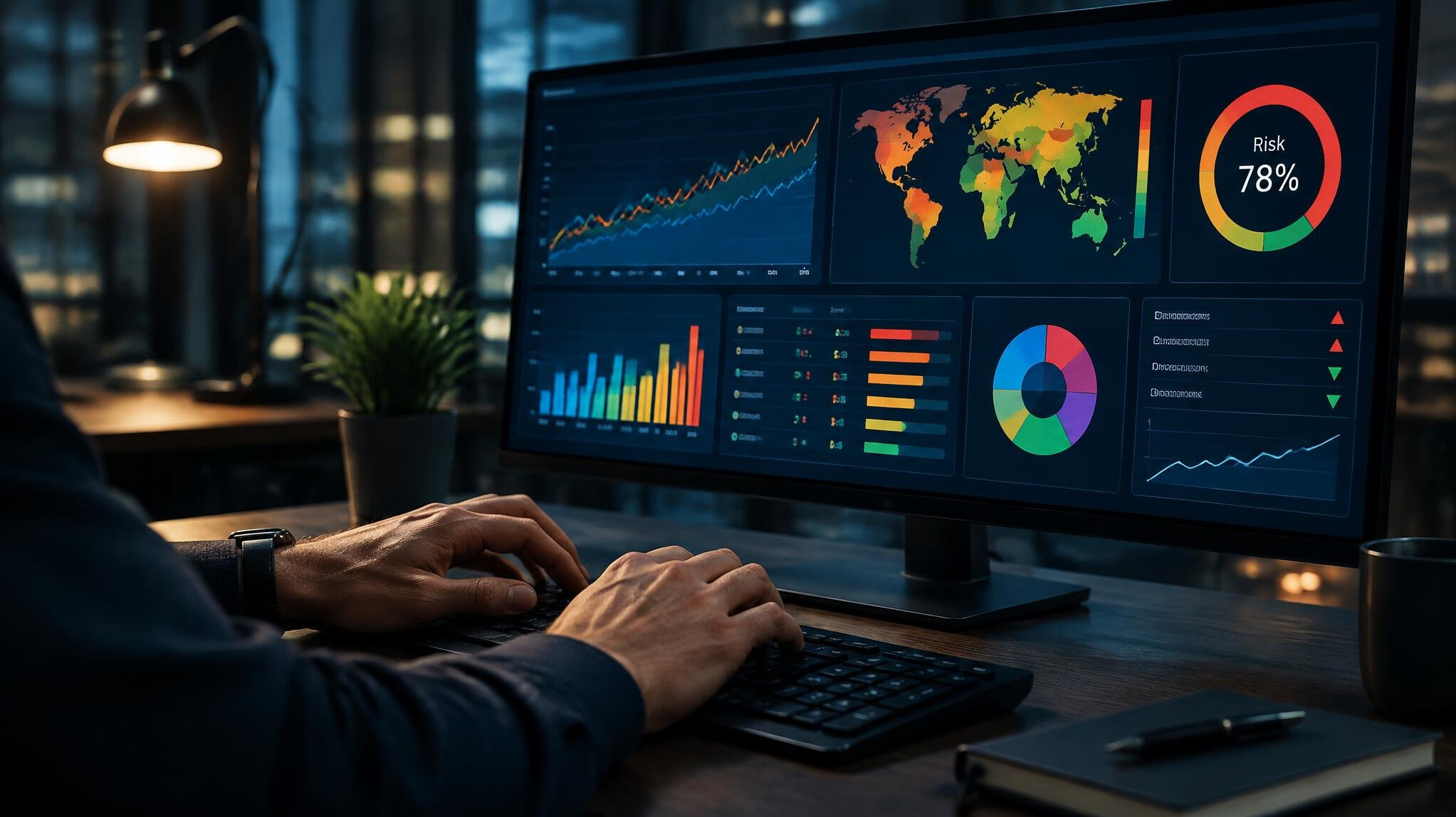 Person analyzing data charts and graphs on a computer monitor