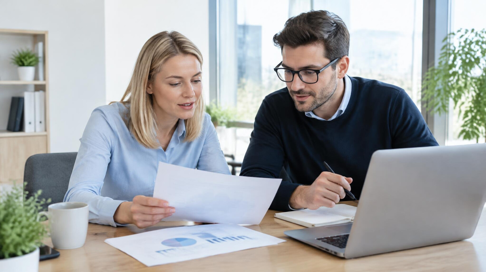 Two colleagues discussing documents at a table with a laptop